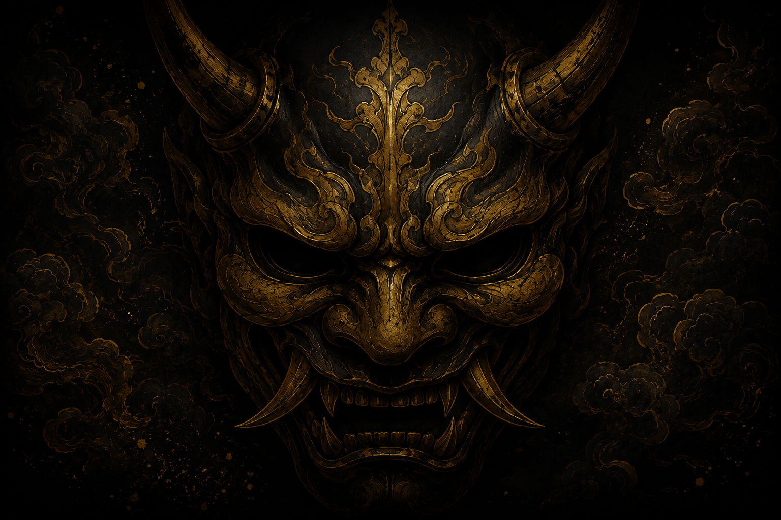 Gold Japanese oni mask artwork on black